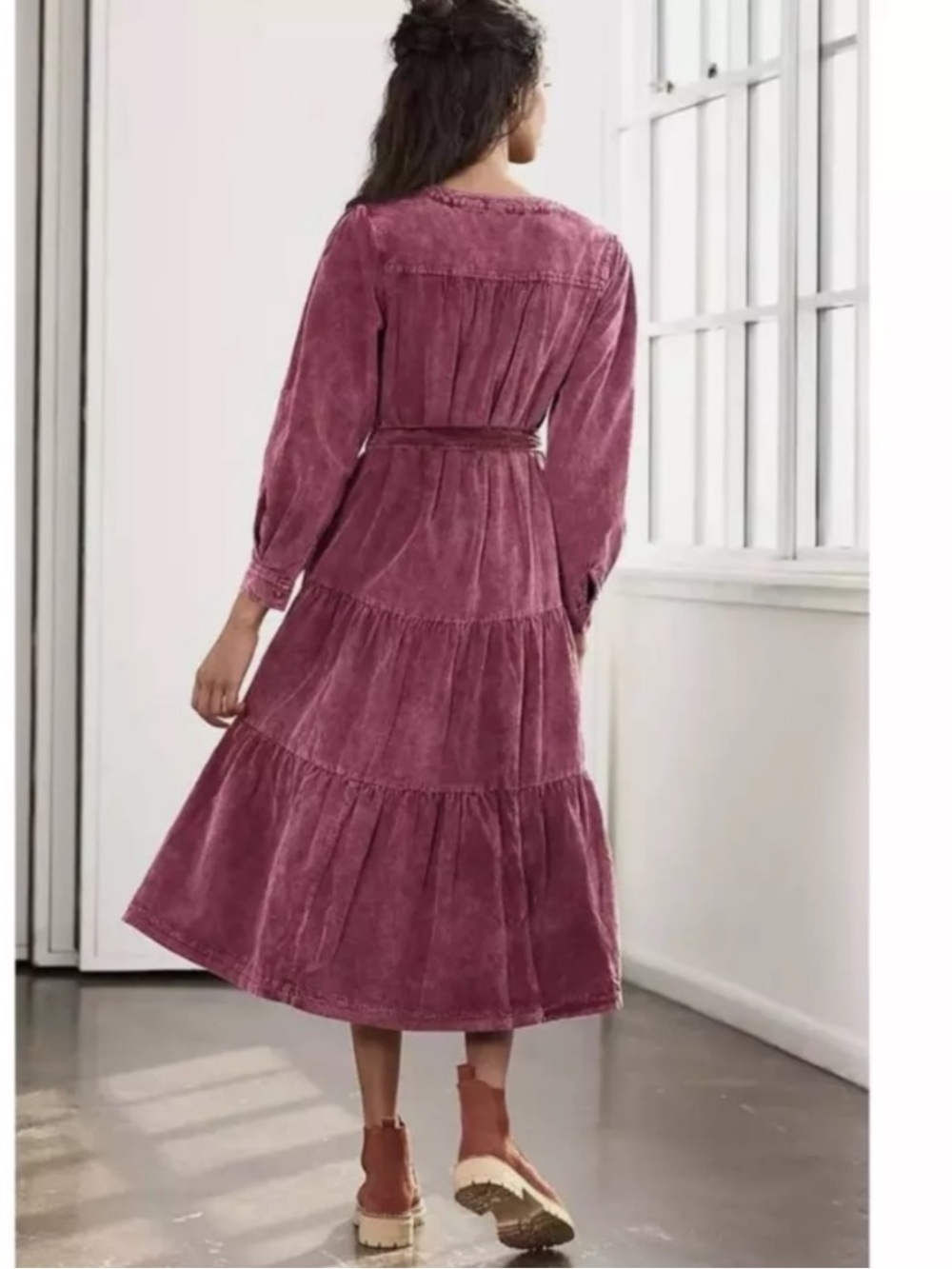 Anthropologie PILCRO Mauve Corduroy Tiered Midi Dress - Picture 2 of 4